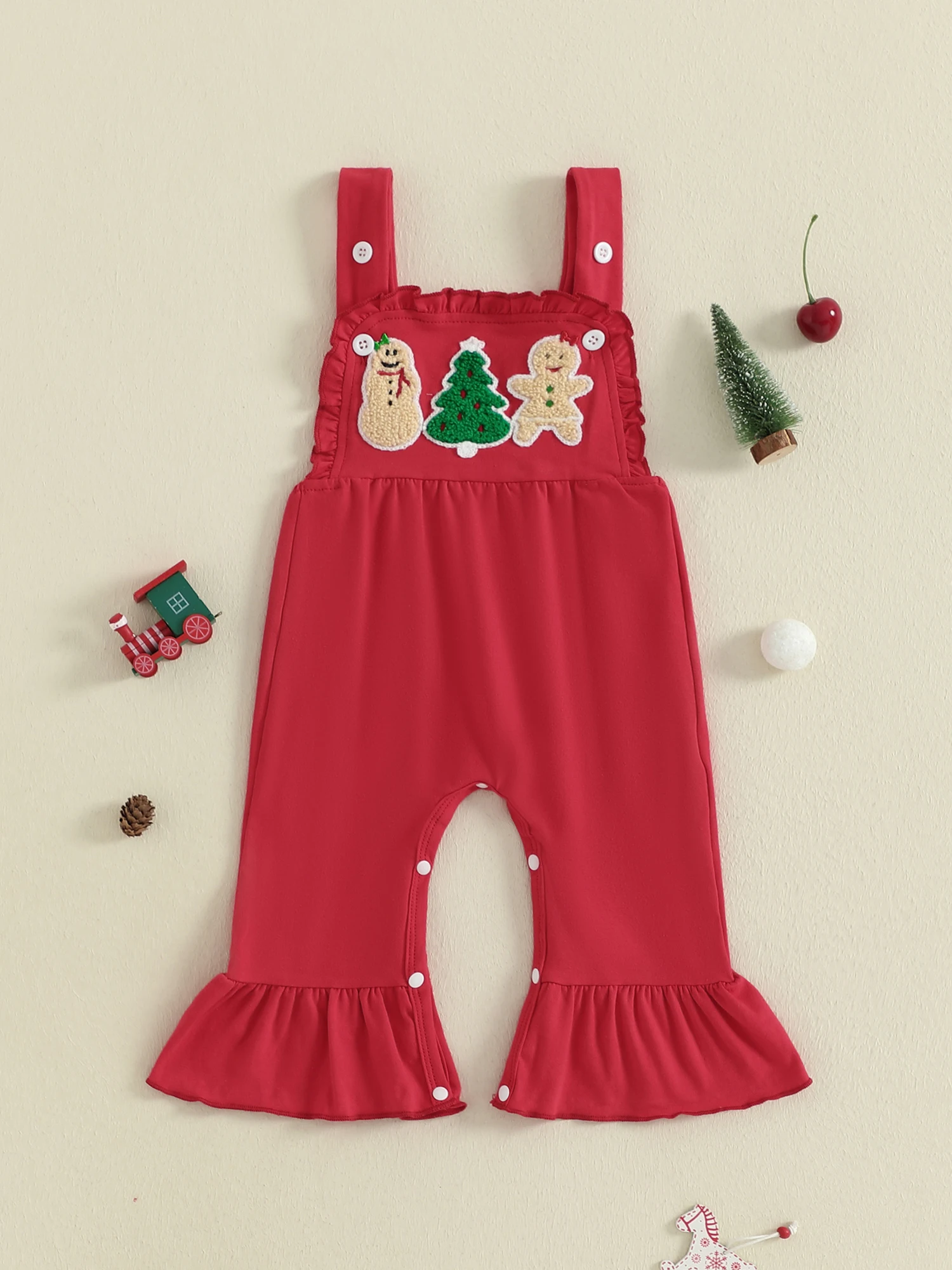 

Рождественский комбинезон с длинными рукавами и принтом оленей для малышей, рюшами и бантом для маленьких девочек