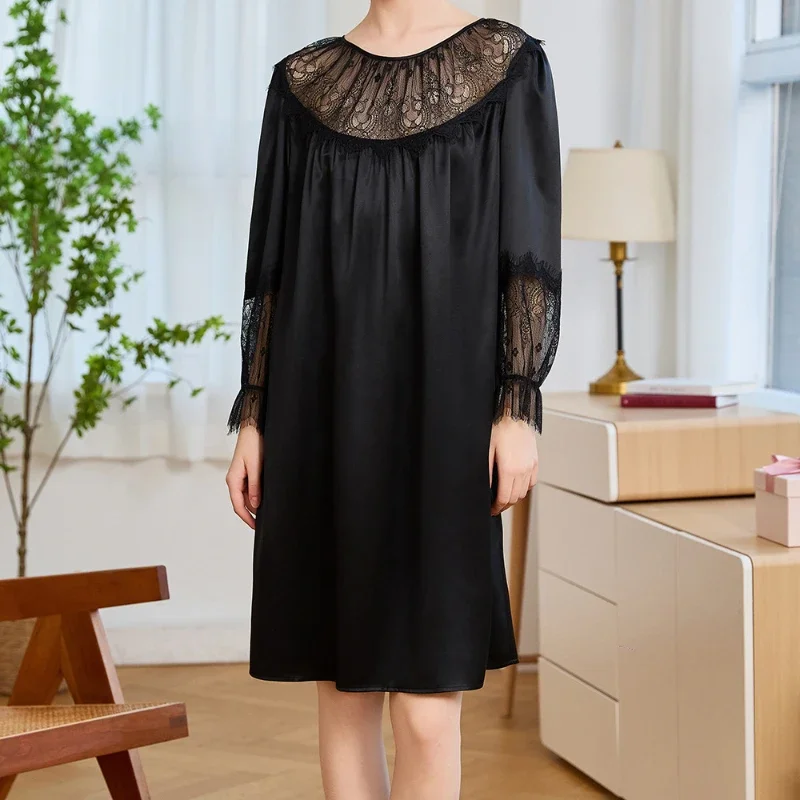 

Sheer Lace 19MM 100% Mulberry Silk Sexy Nightdress Summer Long Sleeve Nightgown Loose Lingerie Dress Loose Sleepshirts Nightwear