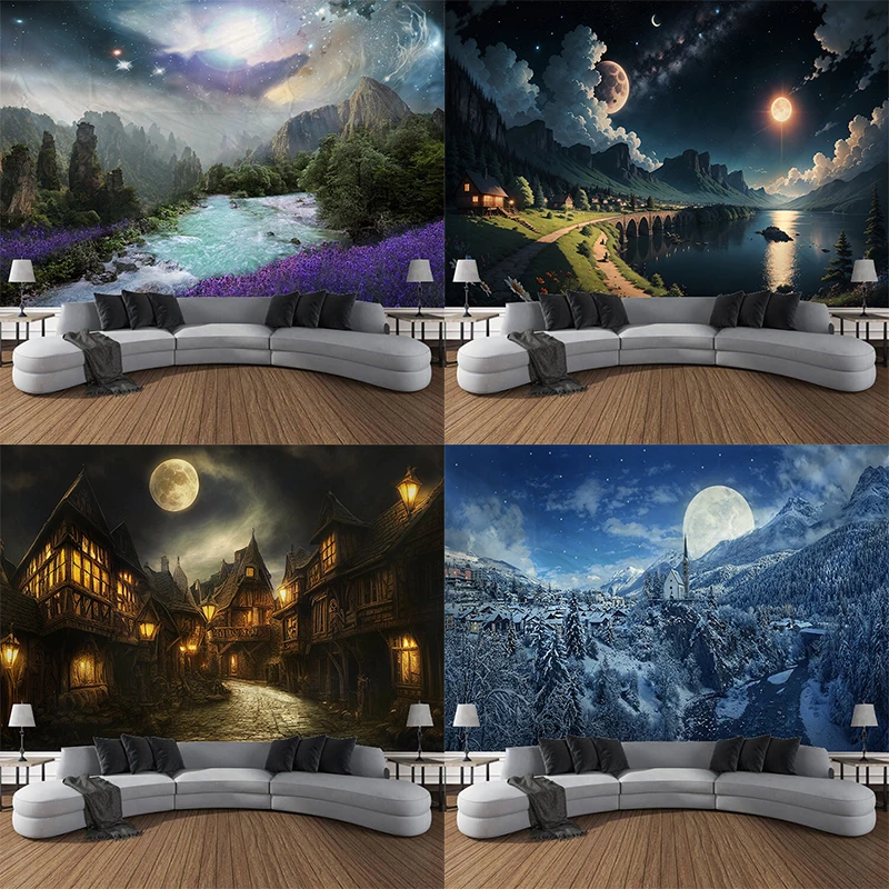 Moon planet starry sky scenery wall tapestry art decoration hanging cloth curtain bedroom living room home decoration