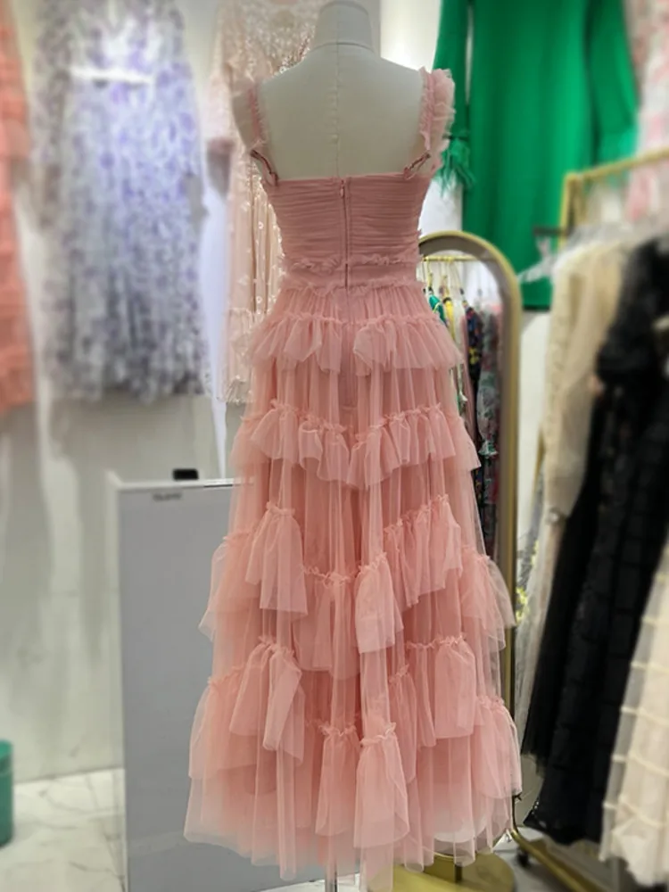 Dfdg feminino 2025 luxo decote em v malha em camadas vestido de noite designer querida vestido primavera verão praia festa vestido de casamento