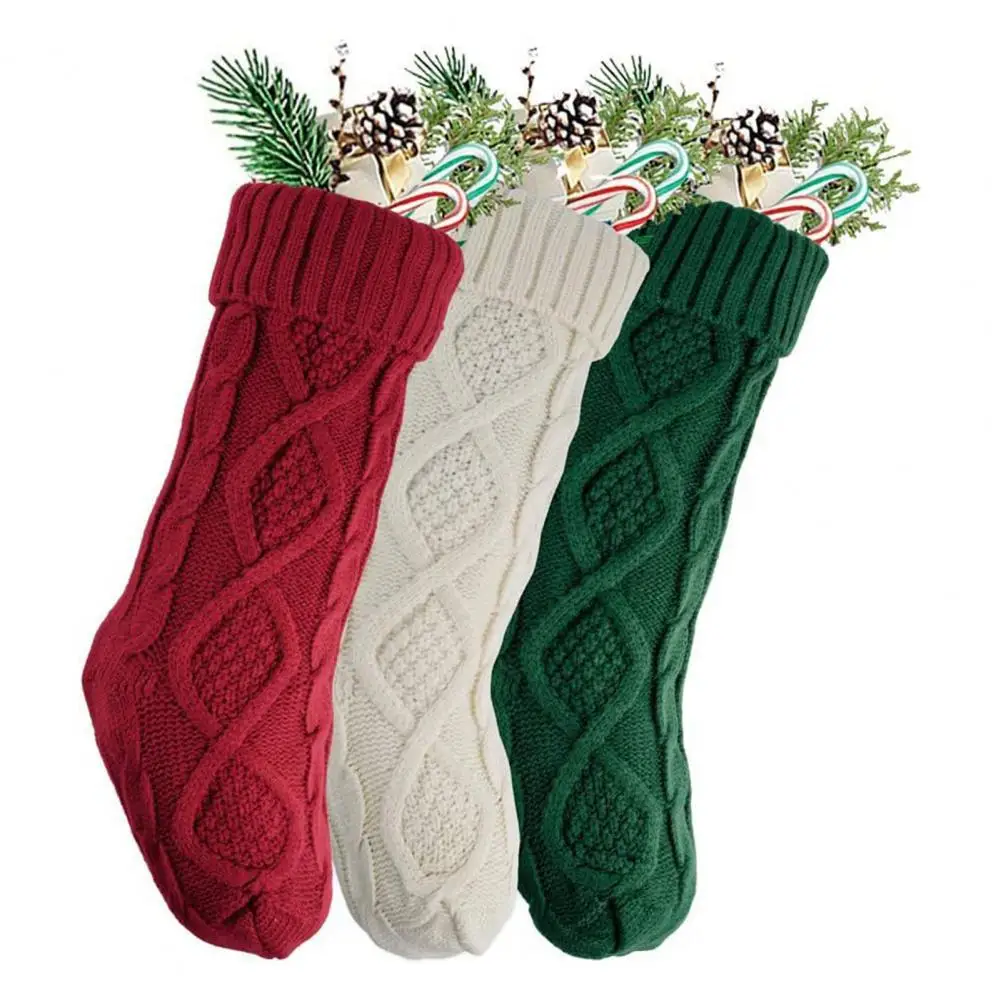 1 Pc Christmas Stocking 18'' Large Knitted Xmas Stocking Solid Color Rhombus Grid Hanging Stocking for Christmas Trees Mantels