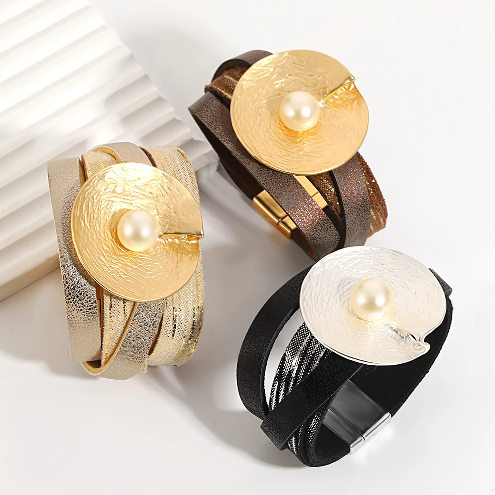 ALLYES Vintage Wrinkled Textured Disc Leather Bracelet for Women Men Bohemian Pearl Wrap Bangle Bracelets Chunky Jewelry
