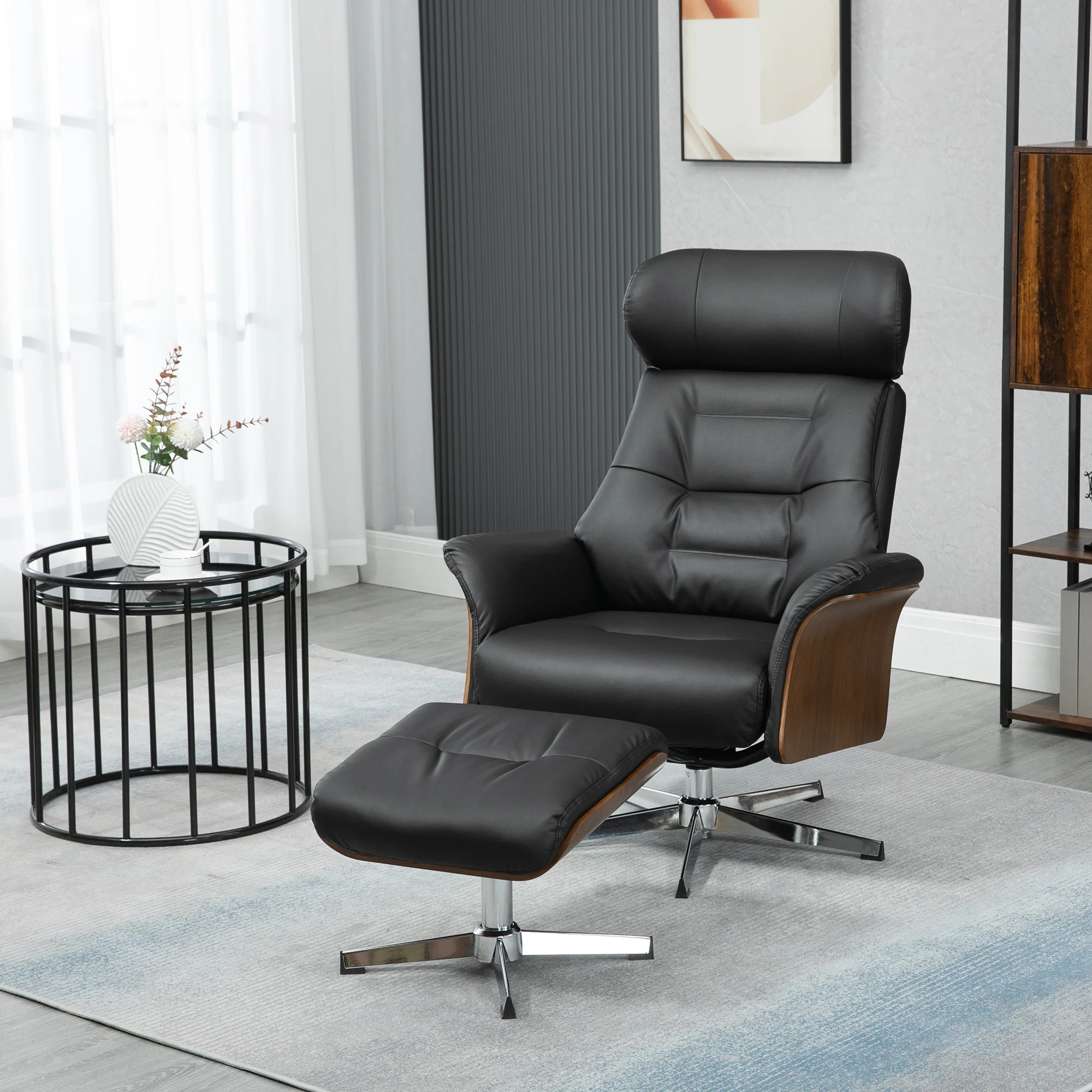 HOMCOM Relaxsessel mit Hocker, Fernsehsessel mit Liegefunktion, Drehbarer Ruhesessel, TV-Sessel, Liegesessel für Schlafzimmer, Wohnzimmer, bis 150 kg, Kunstleder, Stahl, Schwarz