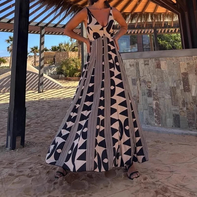 BKLD Vintage Print V Neck Sleeveless Backless High Waist Vacation Fancy Boho Maxi Strap Dress 2025 Summer Seaside Big Swing Robe