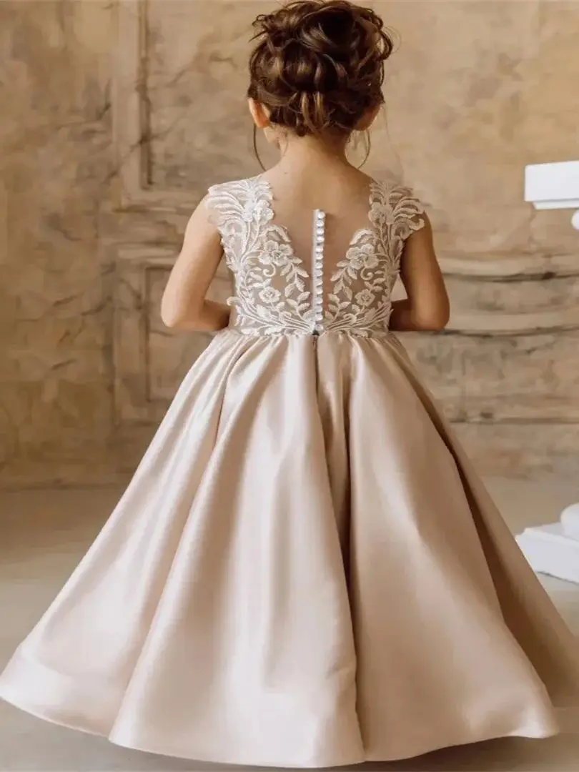 Dusty Pink Satin White Appliques Sleeveless For Wedding Birthday Party First Communion Gowns Flower Girl Dresses