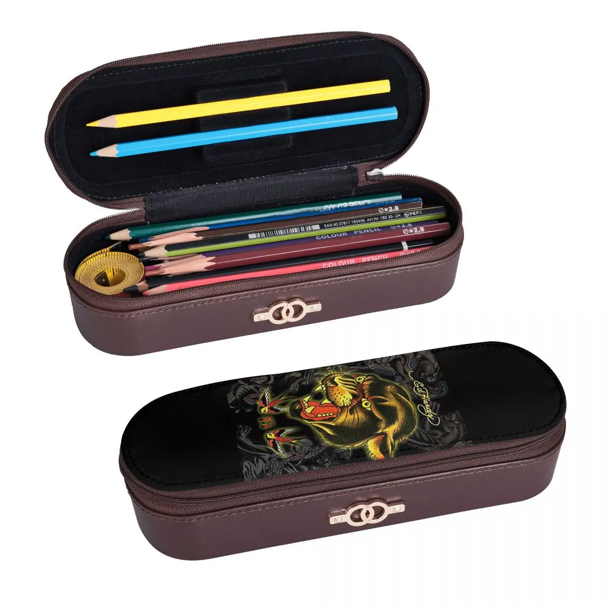 Ed-hardy Tattoo Tiger Skull 16 Leather Pencil Cases Pencil Pouch Storage Stationery Supplies Pen Box Pencil Bag for Students