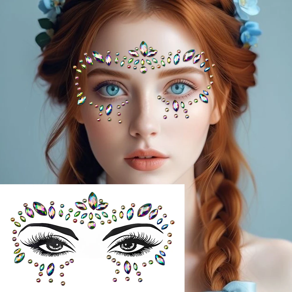 3D Mermaid Face Jewels Temporary Tattoo Stickers Crystal Face Eye Gems Stick On Rainbow Tears Rhinestone for Party Rave Festival