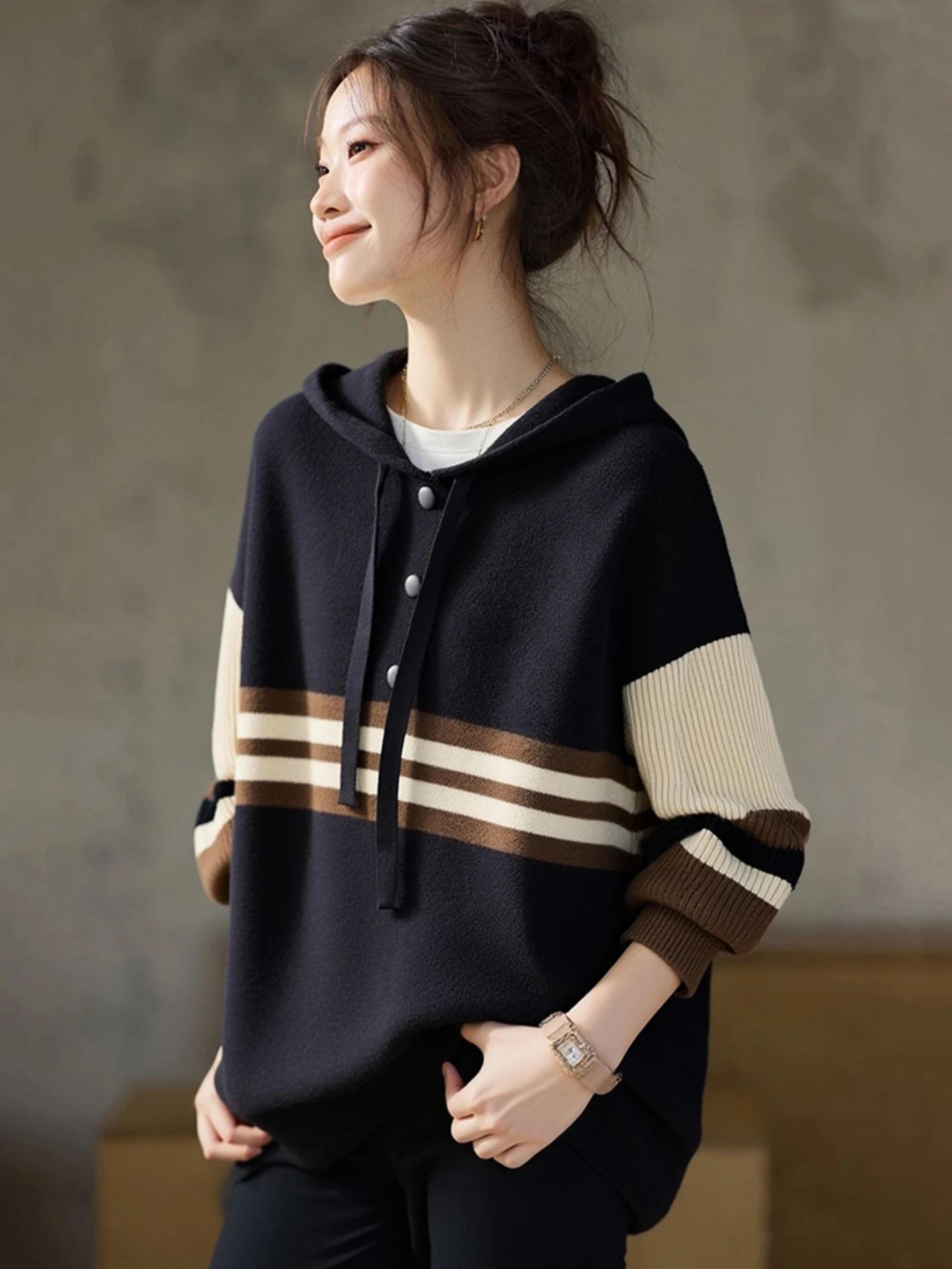 

Loose Long Sve Knitted Sweater Women's Sle Korean Version Striped Hoodie Casual Lazy Faion Age Reduction Versatile Top