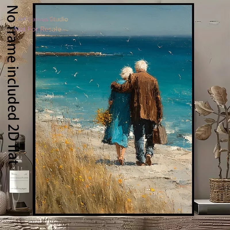 2D Flat, [2D Flat] 1pc Decorative Canvas Painting in Oil Painting Style: An Elderly Couple Walking Hand-in-hand Along the Sea