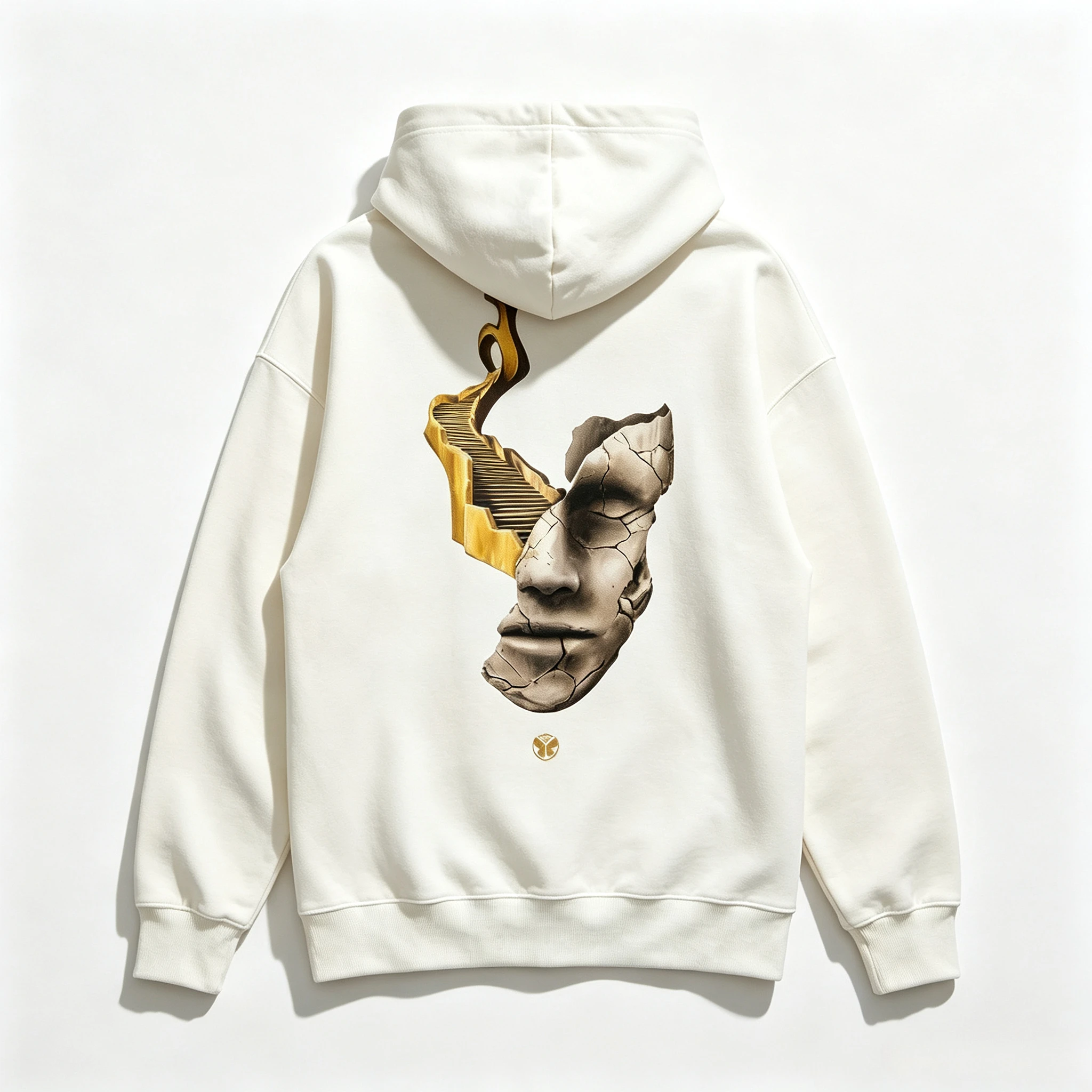 2026 Tomorrowland Consciencia Hoodie mit Rissiger Skulptur-Gesichts- und Goldener Treppen-Rückseitendruck, Unisex Oversized Hoodie EDM – Detail 4