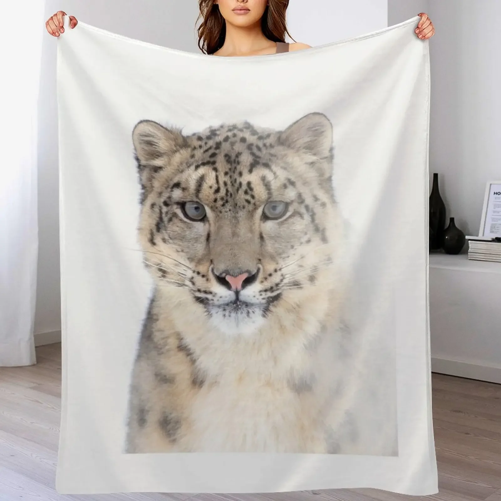 Portrait of a Snow Leopard Throw Blanket Color Fast Cozy Throw Blanket