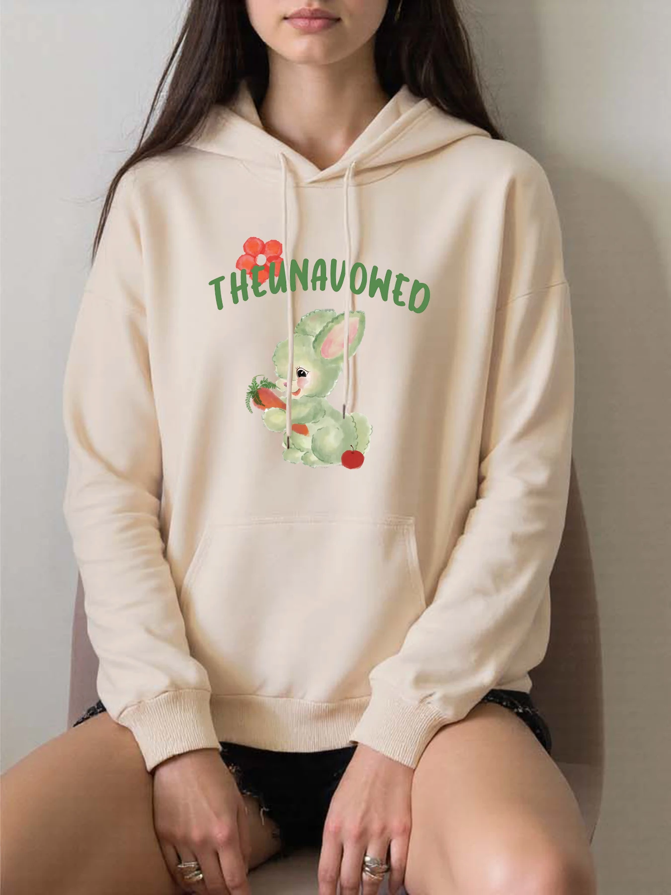 

The Unavowed The Rabbit Holding A Carrot Женские толстовки с принтом Harajuku Флисовая толстовка Модная свободная спортивная одежда Осенняя одежда