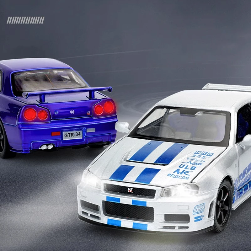 1/32 Skyline GTR-R34 miniatura RX7 aleación inicial D Diecast Metal modelo coches sonido luz juguete coleccionable niños vehículo regalo