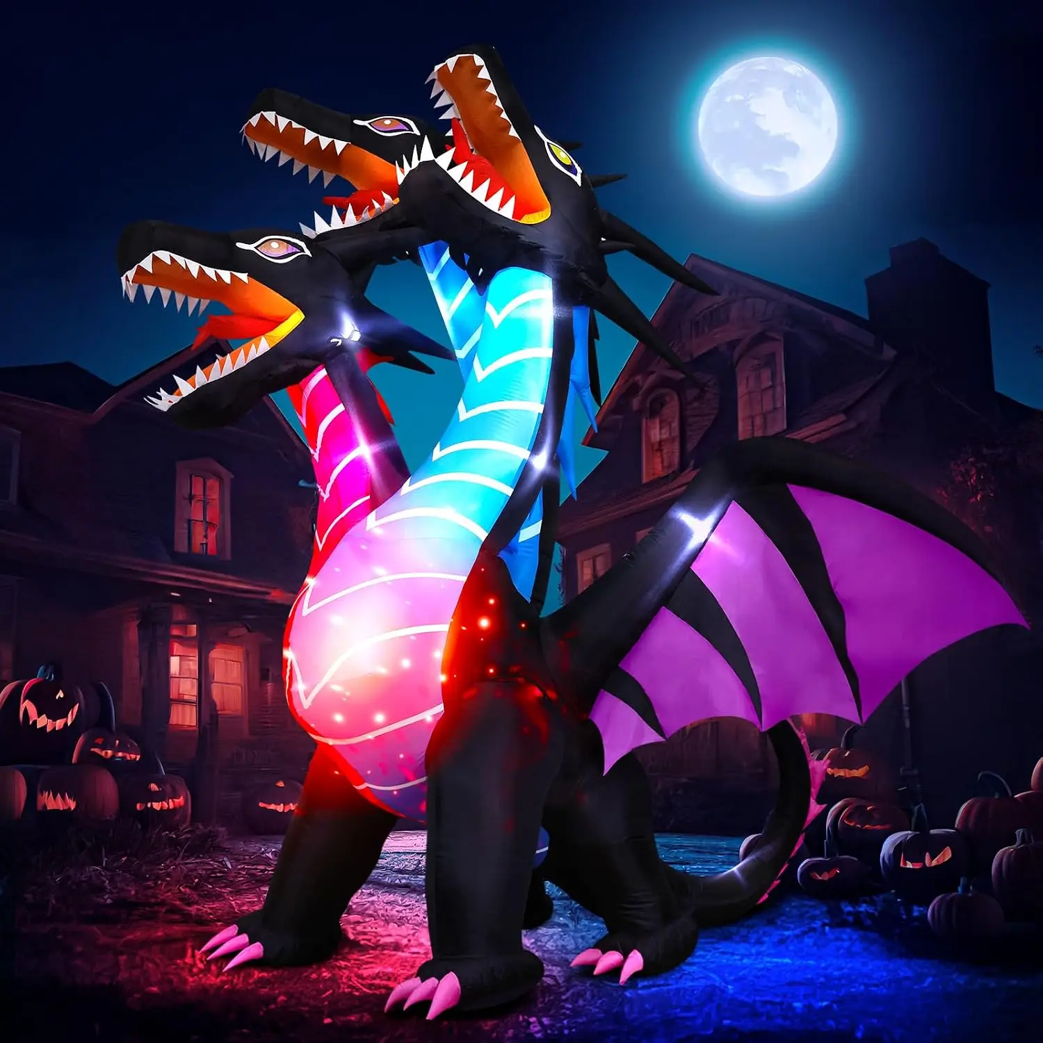 8 FT Tall Halloween Inflatables Dragon Outdoor Decorations Blow Up Yard Three-Headed Dragon with Built-in LEDs for Lawn Garden H