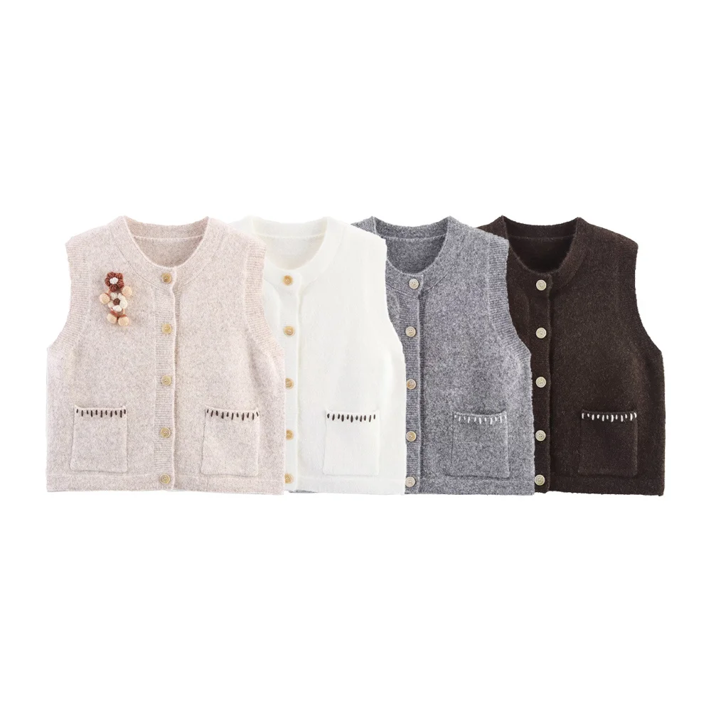 

Новый женский повседневный и универсальный однобортный жилет без рукавов с круглым вырезом и утягивающим вязаным жилетом с цветочным принтом