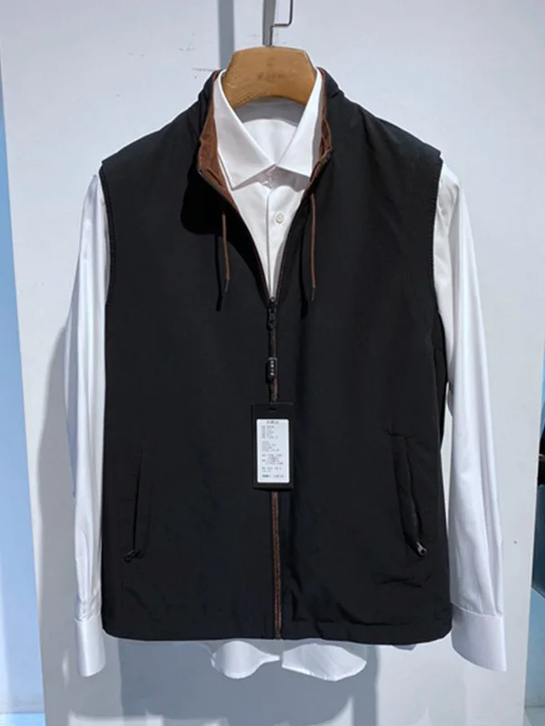 

Осенняя новинка: мужской двусторонний жилет с воротником-стойкой, повседневный, цвета карамель, деловой повседневный стиль, трикотаж из нейлона и полиэстера