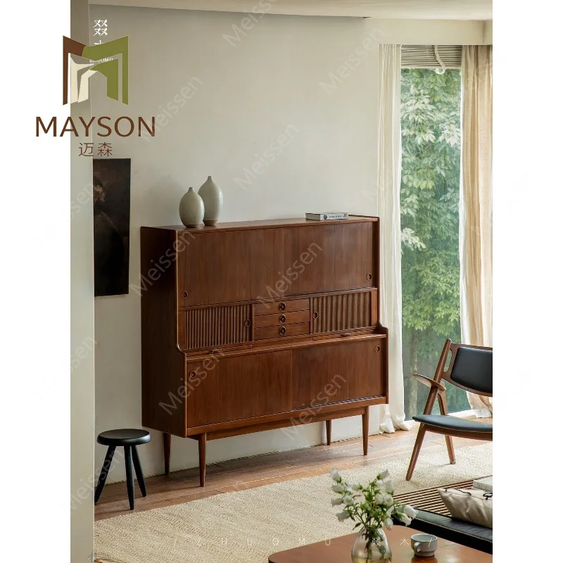 Medieval retro teak rolling shutter dining side cabinet designer storage cabinet