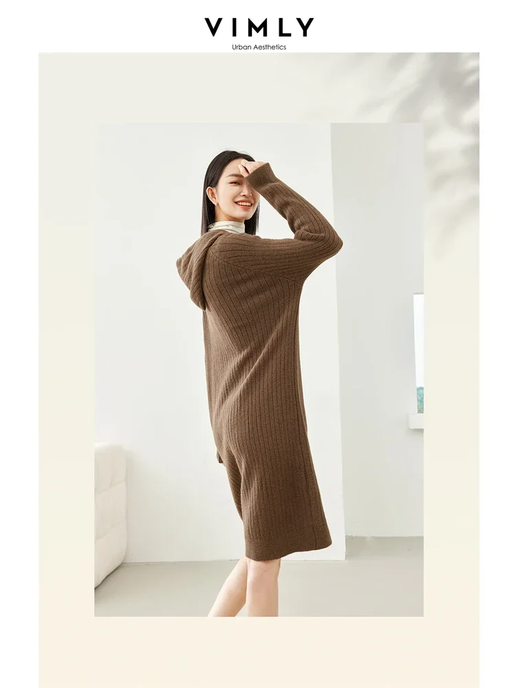 Vimly Knitted Hooded Sweater Dress 2023 Winter Thick Long Sleeve Pullover Midi Dresses Casual Loose Knit Woman Clothing 16380