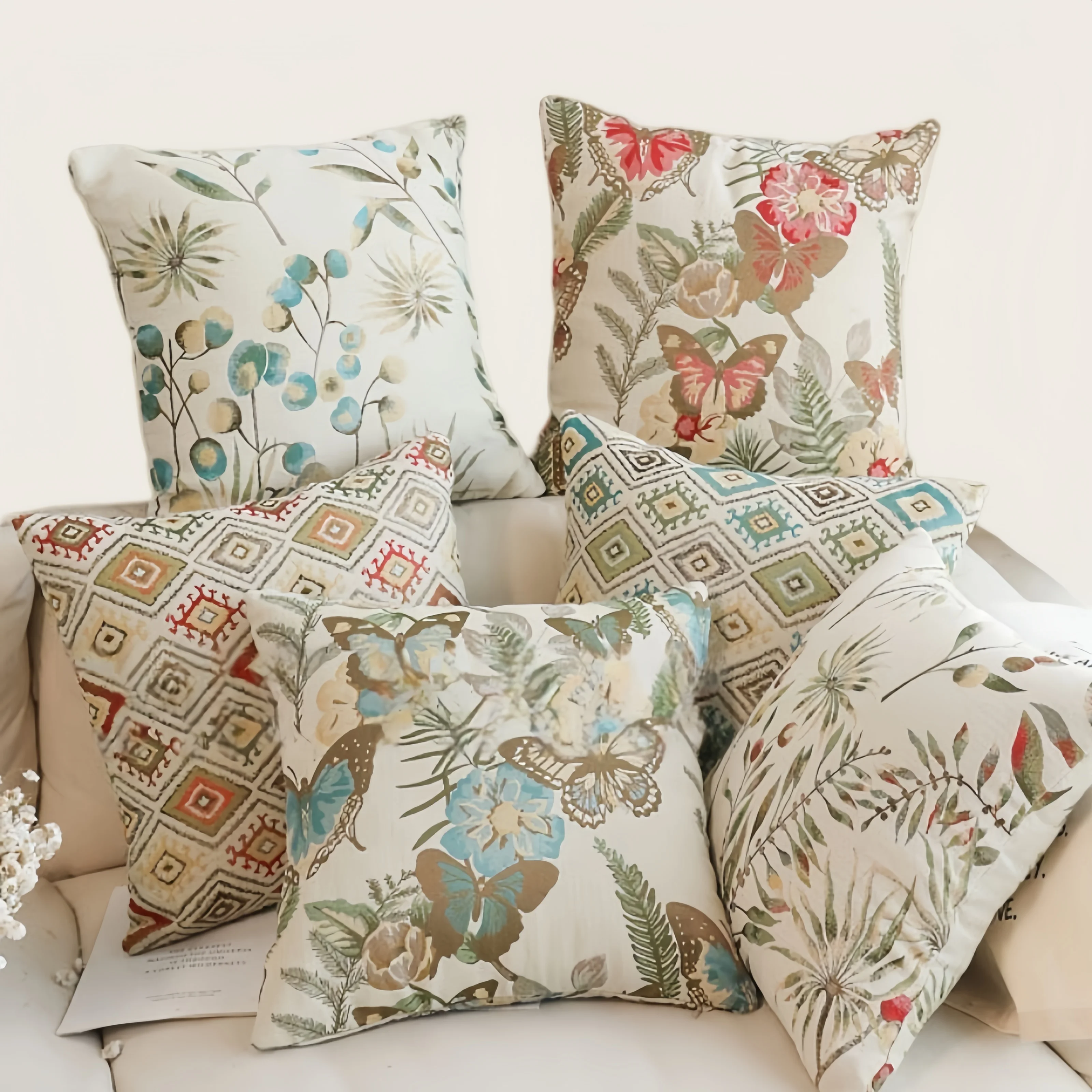 

American Style Plant Floral Yarn‑Dyed Jacquard Cushion Cover Pillowcase Geometric Pattern Pillow Cover Backrest