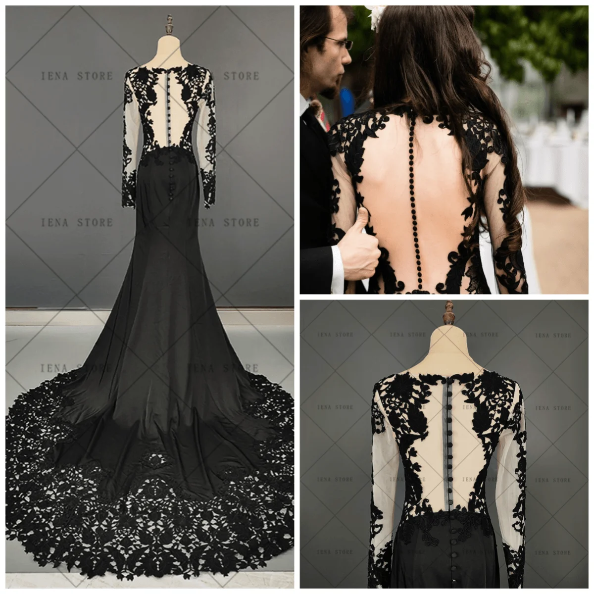 personalizado 17006 #   Vestido de novia elegante de encaje negro con botones, capa nupcial, ilusión en la espalda, vestido de novia gótico de sirena con cola de pez Sexy