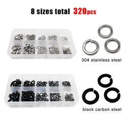 320pcs/box GB93 Spring Split Lock Washer Elastic Gasket Assortment Kit Set M2 M2.5 M3 M4 M5 M6 M8 304 A2 Stainless Steel Black