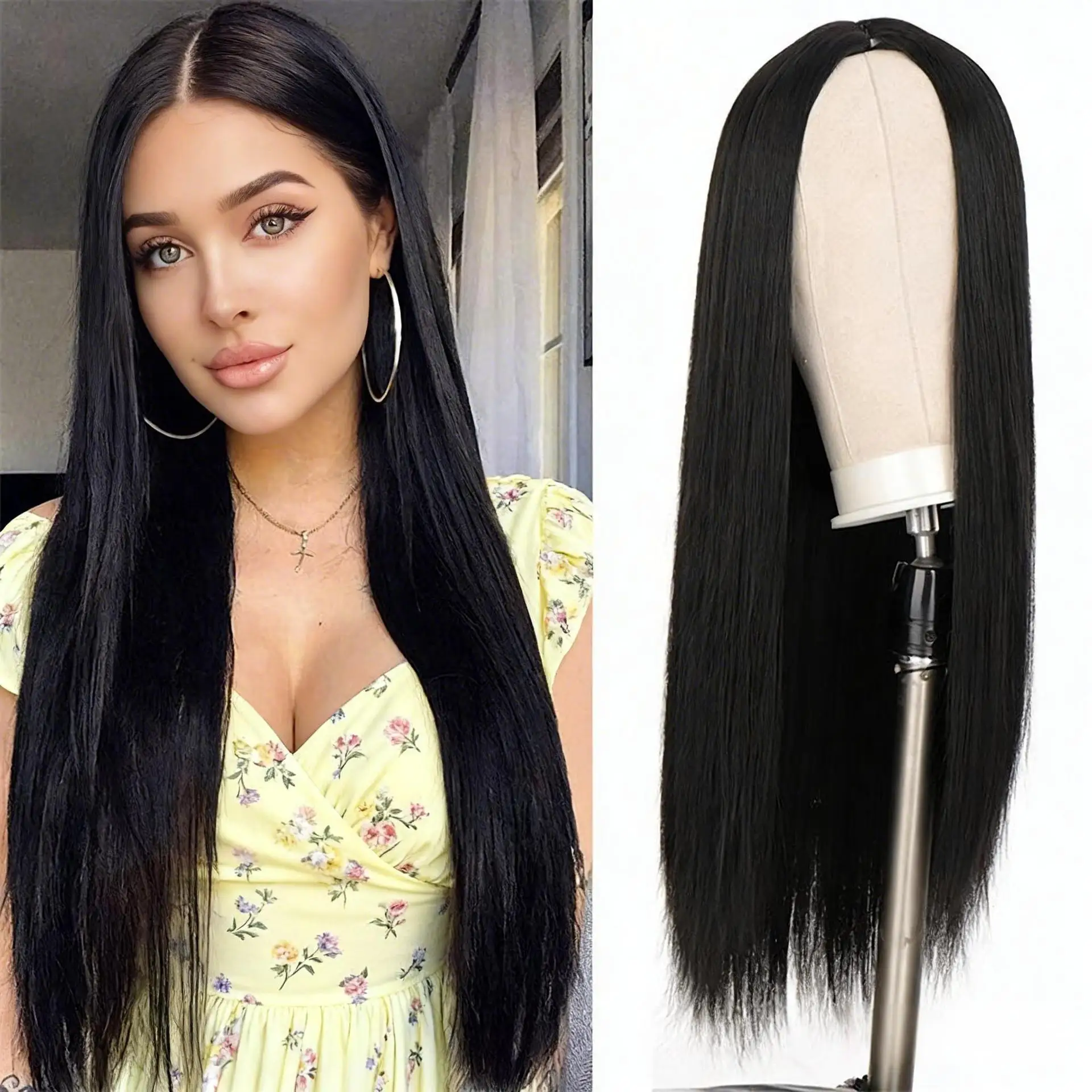 Black Straight Hair Synthetic Wig for Costume Party for Halloween Cosplay, Daily Use High-Temperature Hair Accessory Wig Set image 2