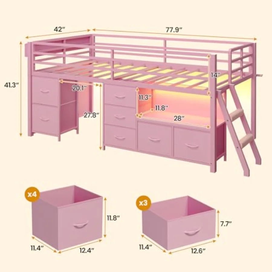 Low Loft Bed with 7 Storage Drawers, Integrated Bookcase Shelf, Built-in LED Lights, Space-Saving Design for Small Rooms, Moder