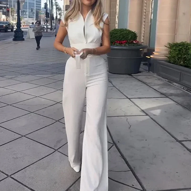 Wefads Women Jumpsuit Summer Fashion Casual Solid Lapel Sleeveless Slim V Neck With Belt Wide Legs Romper High Streetwear