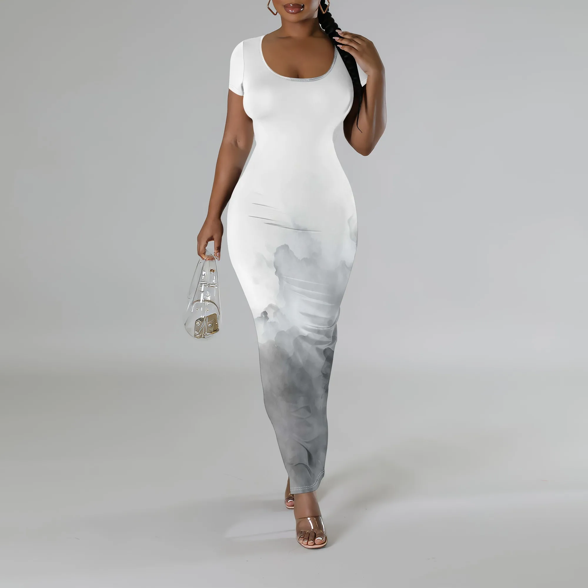

Women's Gradient Print Jumpsuit Short Sleeve Slim Fit Bodycon Romper White to Grey Ombre One Piece Outfit for Summer 2025