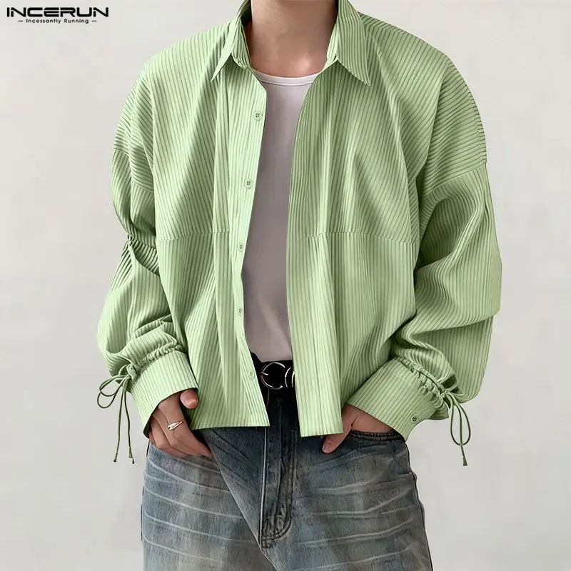 INCERUN Men Striped Shirt Lapel Long Sleeve Button Casual Men Clothing Loose Streetwear Korean Style Tops Fashion Male Shirts