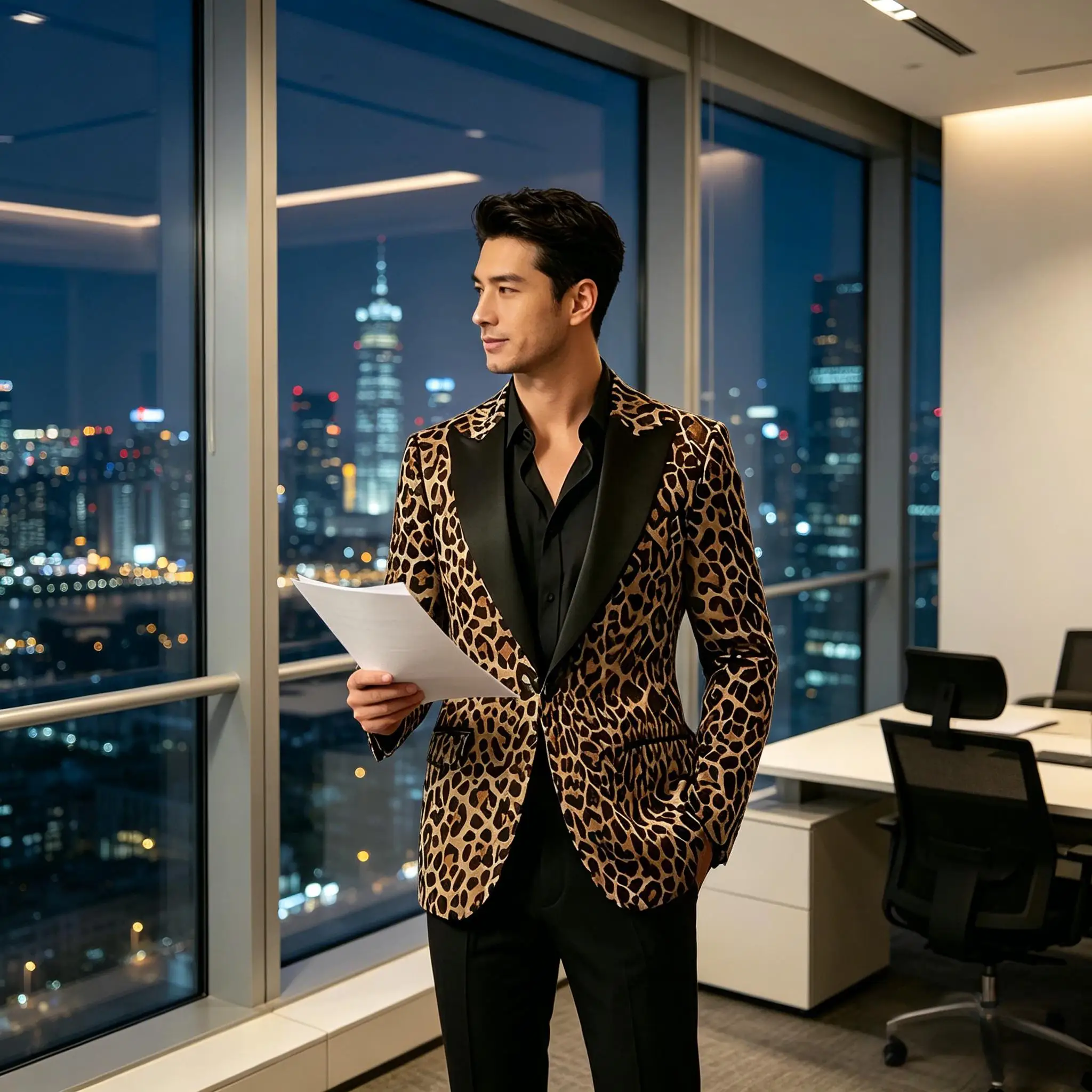 Men's Leopard Print Tuxedo Blazer Satin Lapel Slim Fit One Button Suit Jacket Party Club Stage Wedding Dinner Formal Coat