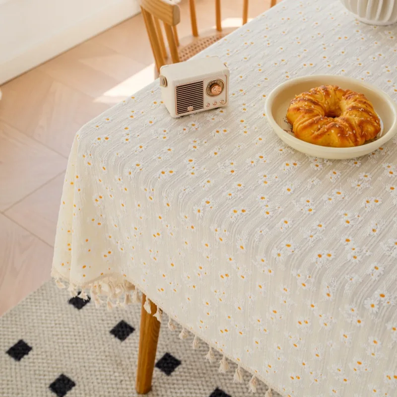 Japanese Style Daisy Tablecloth Ins Cotton Linen Artistic Photo Background Cloth Lilac Tea Coffee Dining Table Decor Cover