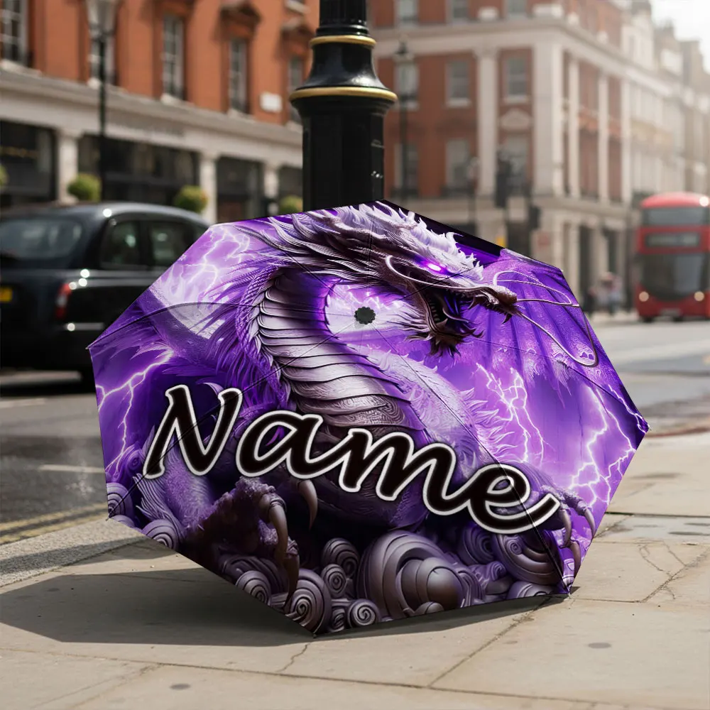Custom Name Umbrella Purple Oriental Dragon Lightning Cloud Print Folding Umbrella Compact Portable Travel Parasol