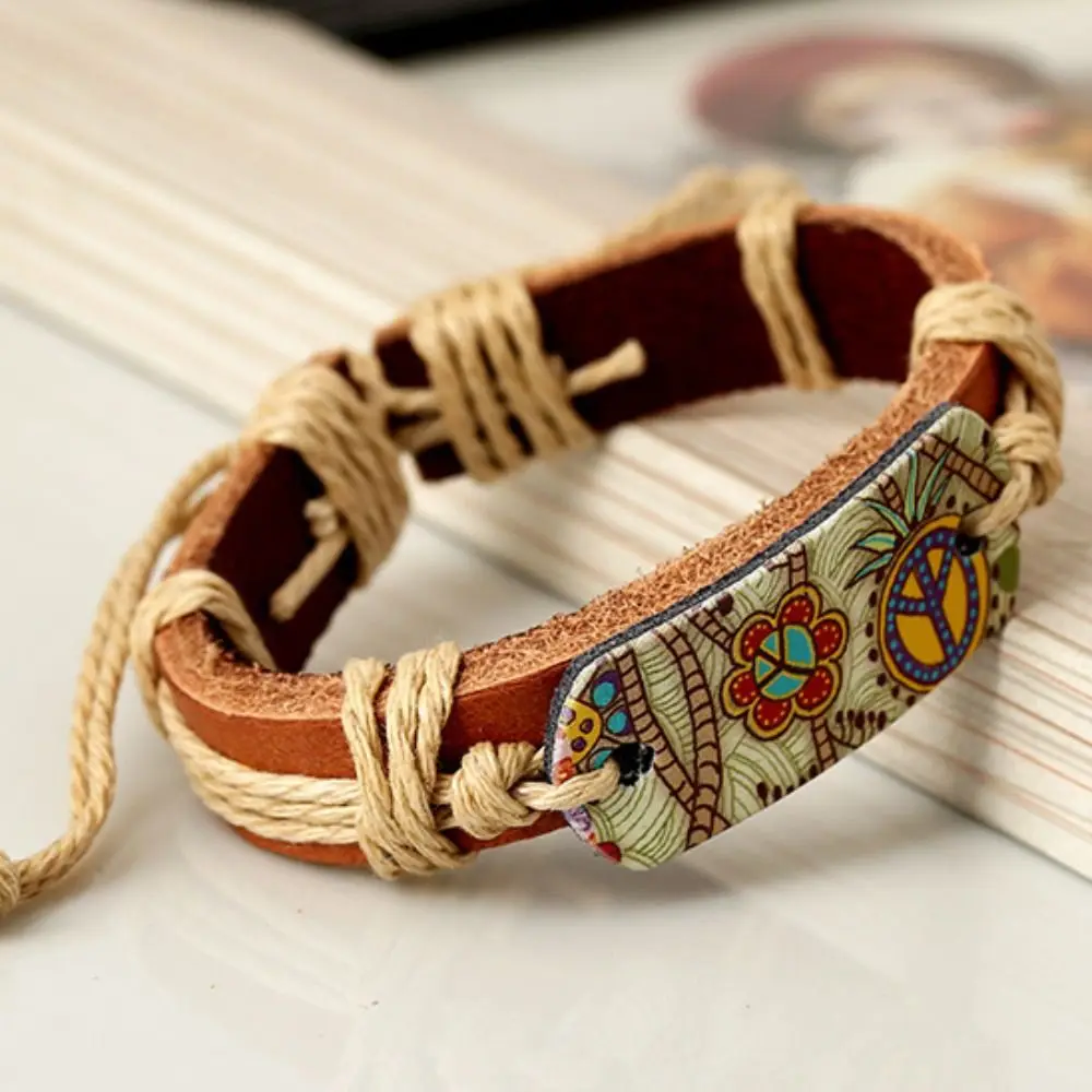 Retro Style Leather Boho Bracelets Fall Prevention Peace Symbol Hemp Rope Woven Fabric Durable Wear-resisting