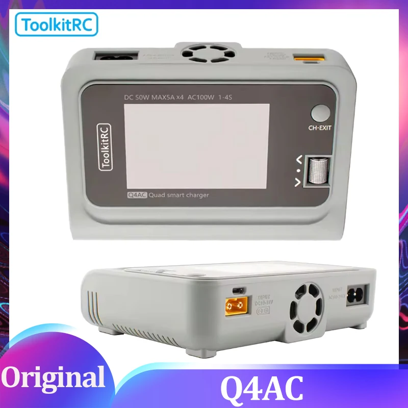 ToolkitRC Q4AC Charger XT60 Adapters IPS Bright With Clear Wide Angle Display 4x50w 5A AC 100W 4 Port DC Smart Discharger