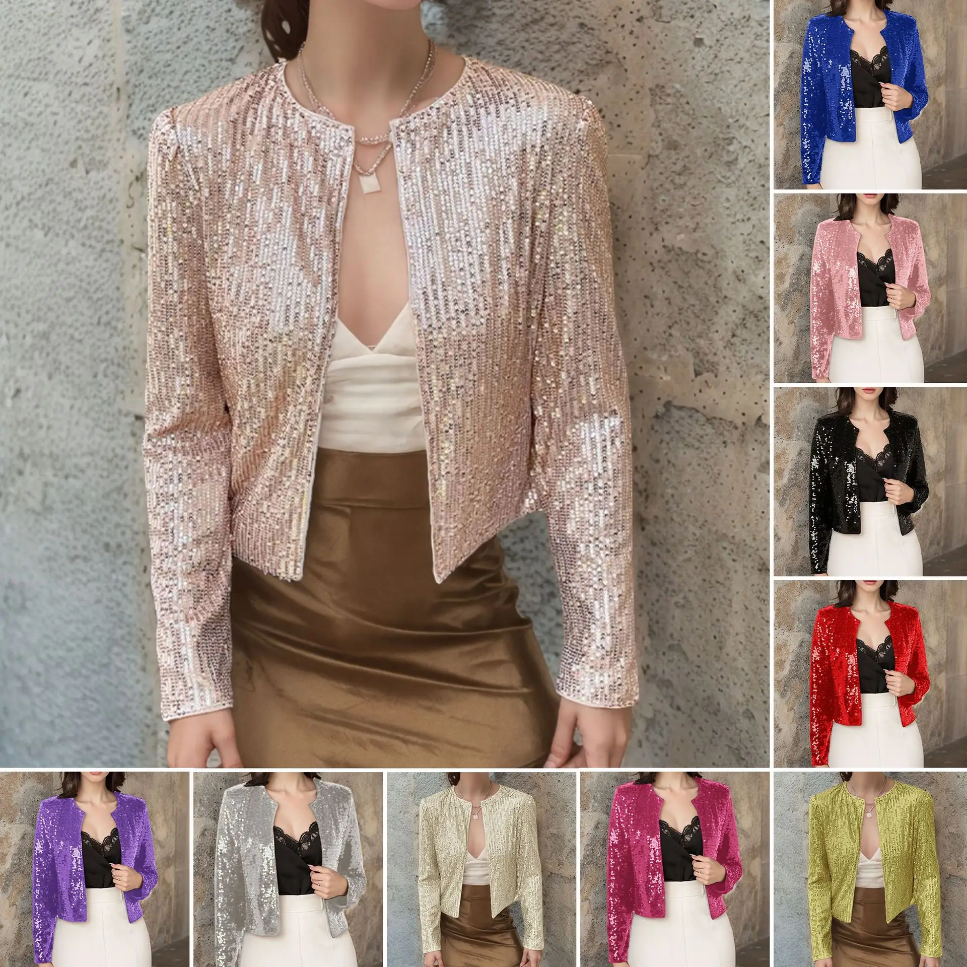 

Women's Casual Long Sleeve Jacket Round Neck Solid Color Slim Open Cardigan Sequin Outerwear Shining Party Club Short Coat