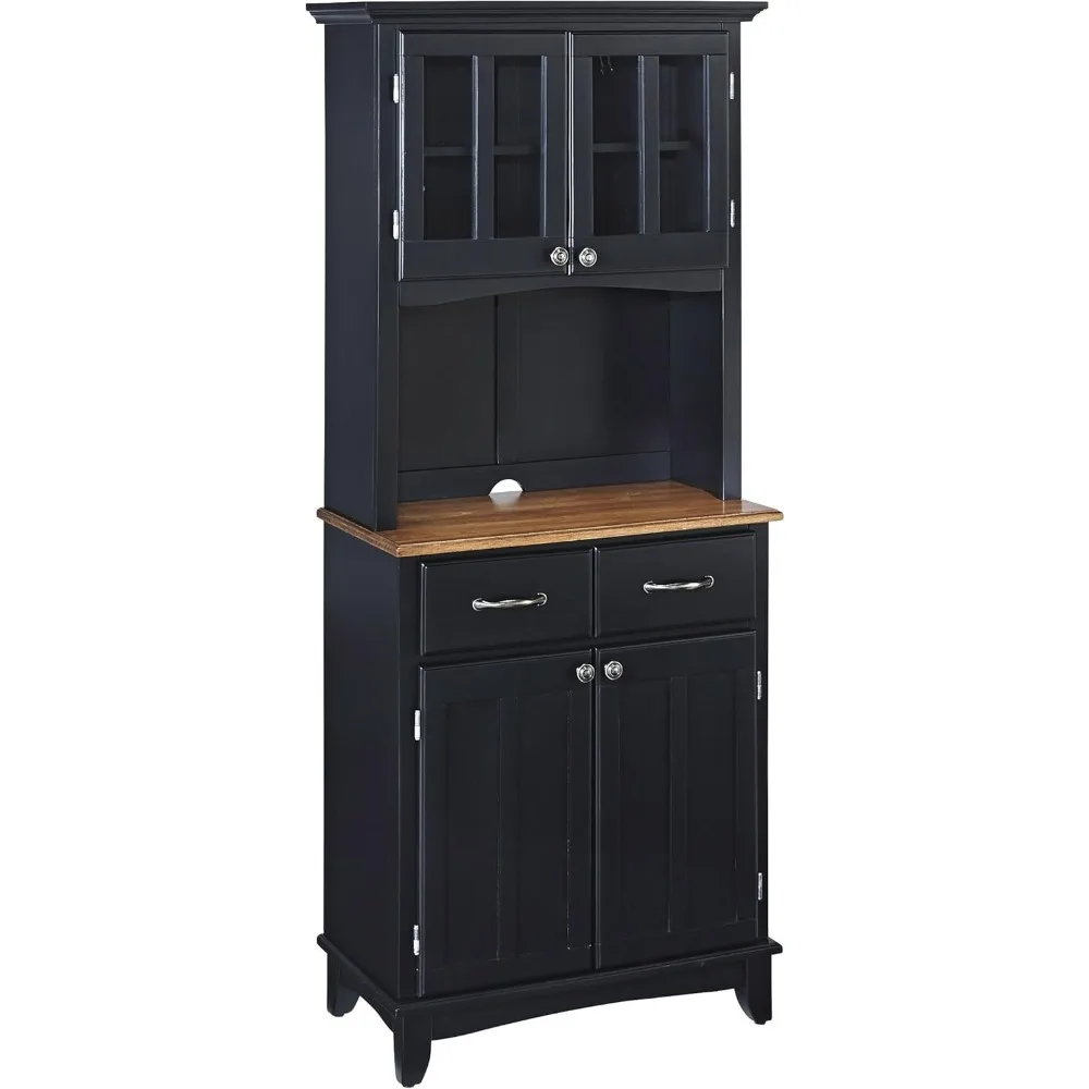 

Cottage Oak Wood Top Buffet Server with Black Finish, Two Doors and Drawers, Brushed Steel Handles