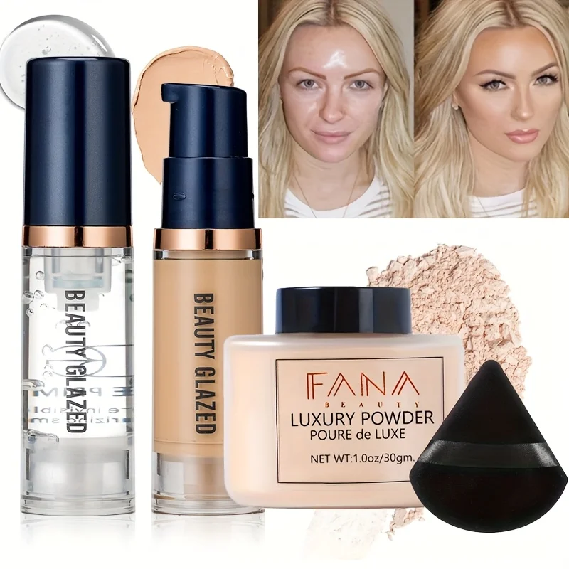 Set de 4 Piezas de Maquillaje Facial de Viaje, Base + Prebase + Polvo Suelto + Esponja de Maquillaje, Control de Grasa, Hidratante, Larga Duración, Resistente al Agua