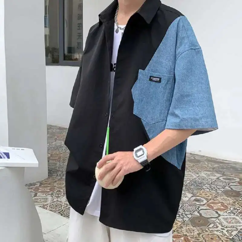 2025 Summer Streetwear Men Short Sleeve Irregular Patchwork Denim Shirt Male Tops Daily Casual Pocket Blouses Unisex Clothes