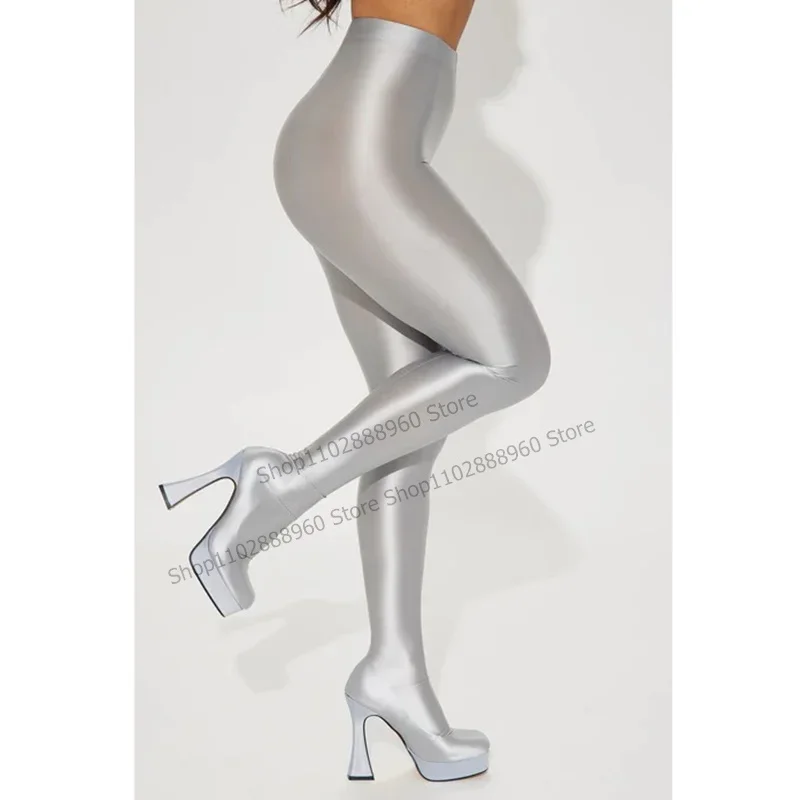 Over The Knee Silver Platform Slinky Trouser Boots Spool Heel Shoes For Women Slip-On Square Toe 2025 Sexy Zapatos Para Mujere