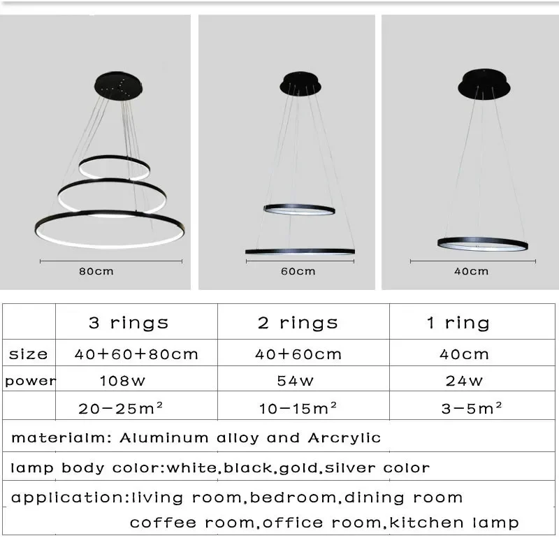 Imagem -05 - Ouro Preto Branco Conduziu a Luz de Teto Pendurar Lâmpada Multi123 Círculo Anéis Sala Estar Jantar Quarto Casa Luminárias
