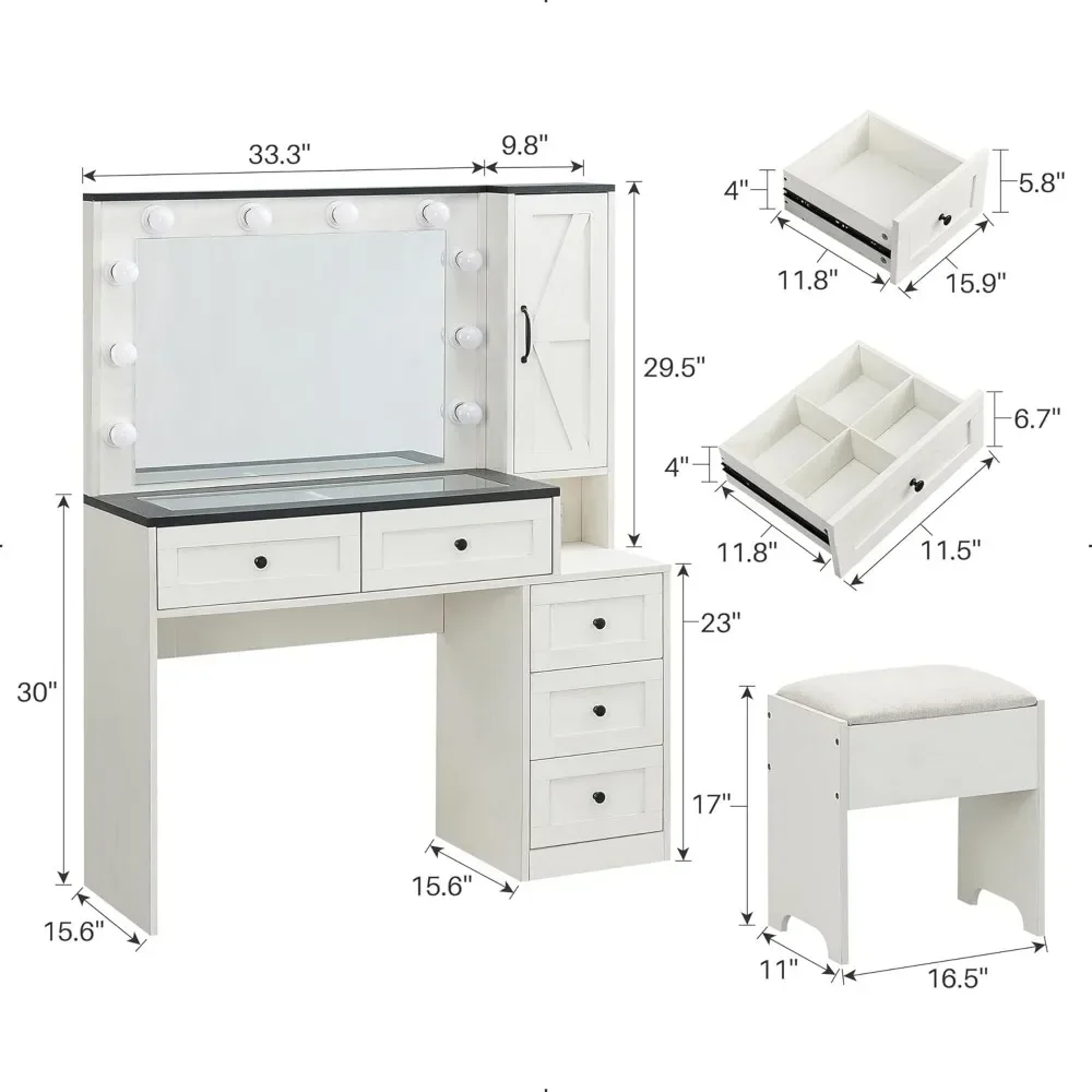 Vanity Makeup Desk with Charging Station, 43 Inch Wide Vanity Desk with Lights Mirror and Drawers, Big Modern Vanity Table Set