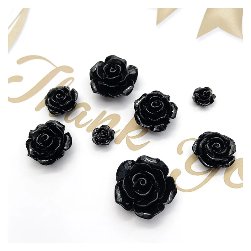 10Pcs/lot 4Size 3D Black Flower Charms Resin Flatback Cabochon  DYI Jewelry Making Phone Case Decor Accessory