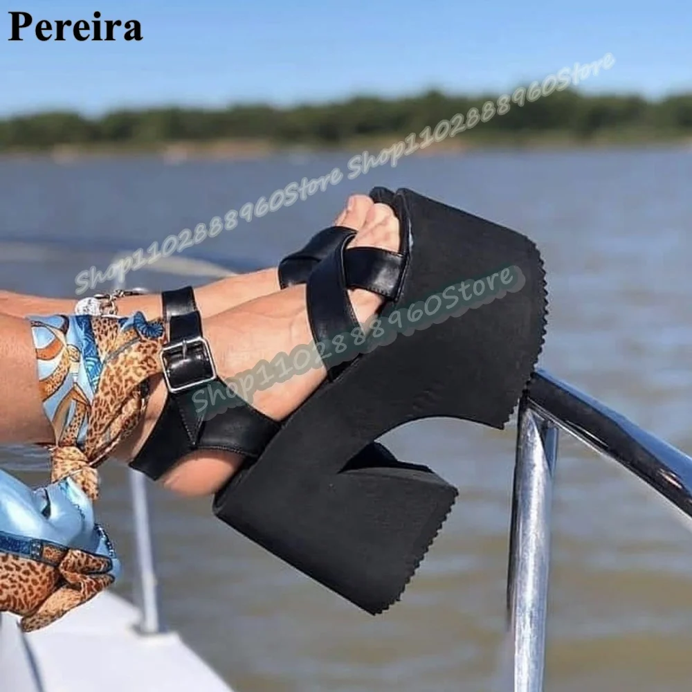 

Casual Black Leather Platform Cross Strap Sandals Thick Heel Shoes For Women Ankle Buckle Strap Open Toe Trending Party Sandals