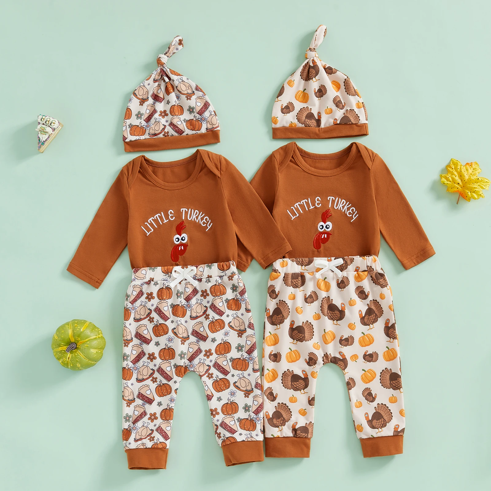 BeQeuewll Baby Boy Girl Clothes for Thanksgiving Newborn Outfits Turkey Embroidery Long Sleeve Romper Pants Hat Fall Kids Suit