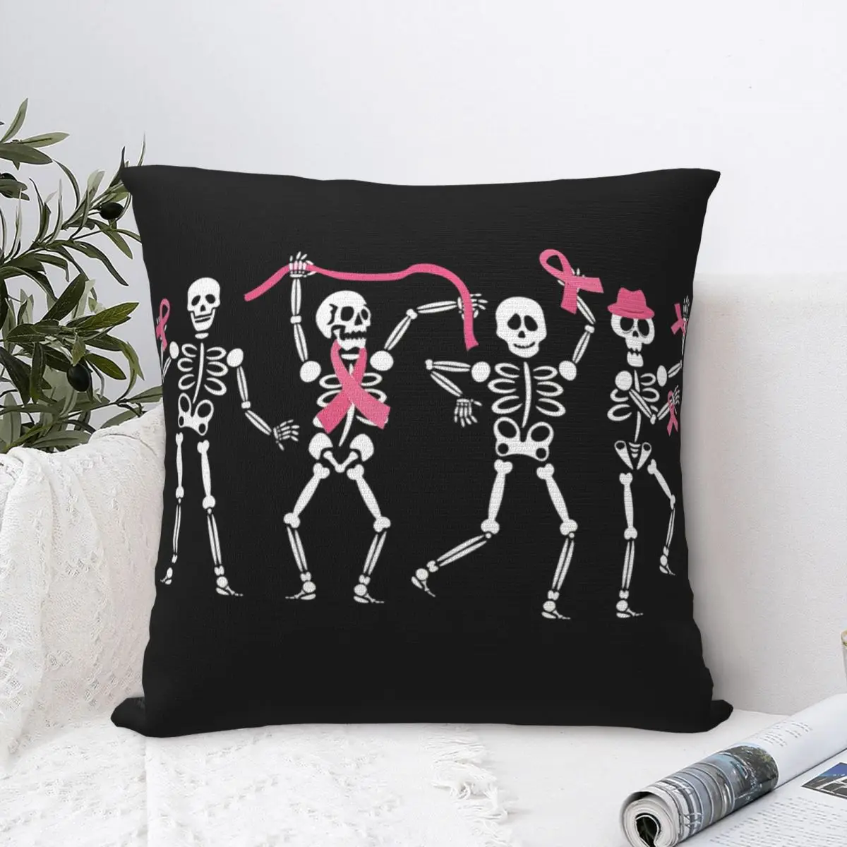 Breast Cancer Awareness Skeleton Square Pillow Case Polyester Cushions for Sofa Novelty Pillowcase