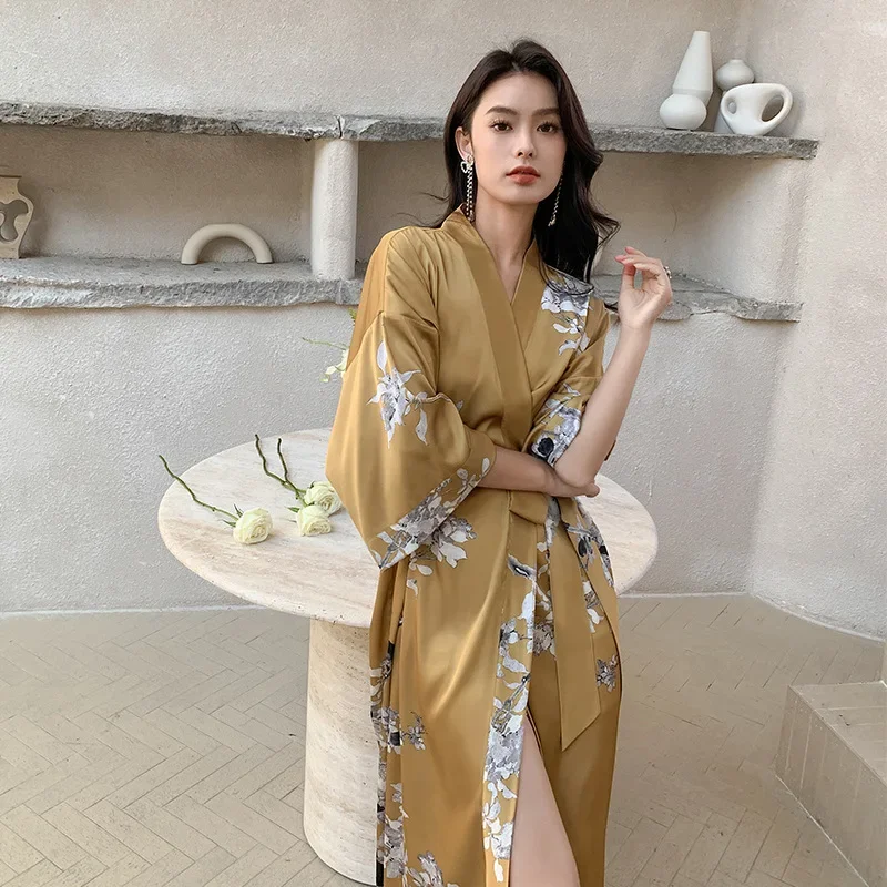 

New Yellow Print Flower Kimono Bathrobe Gown Women Sleepwear Nightgown Half Sleeve Long Robe Home Wear Casual Satin Loungewear