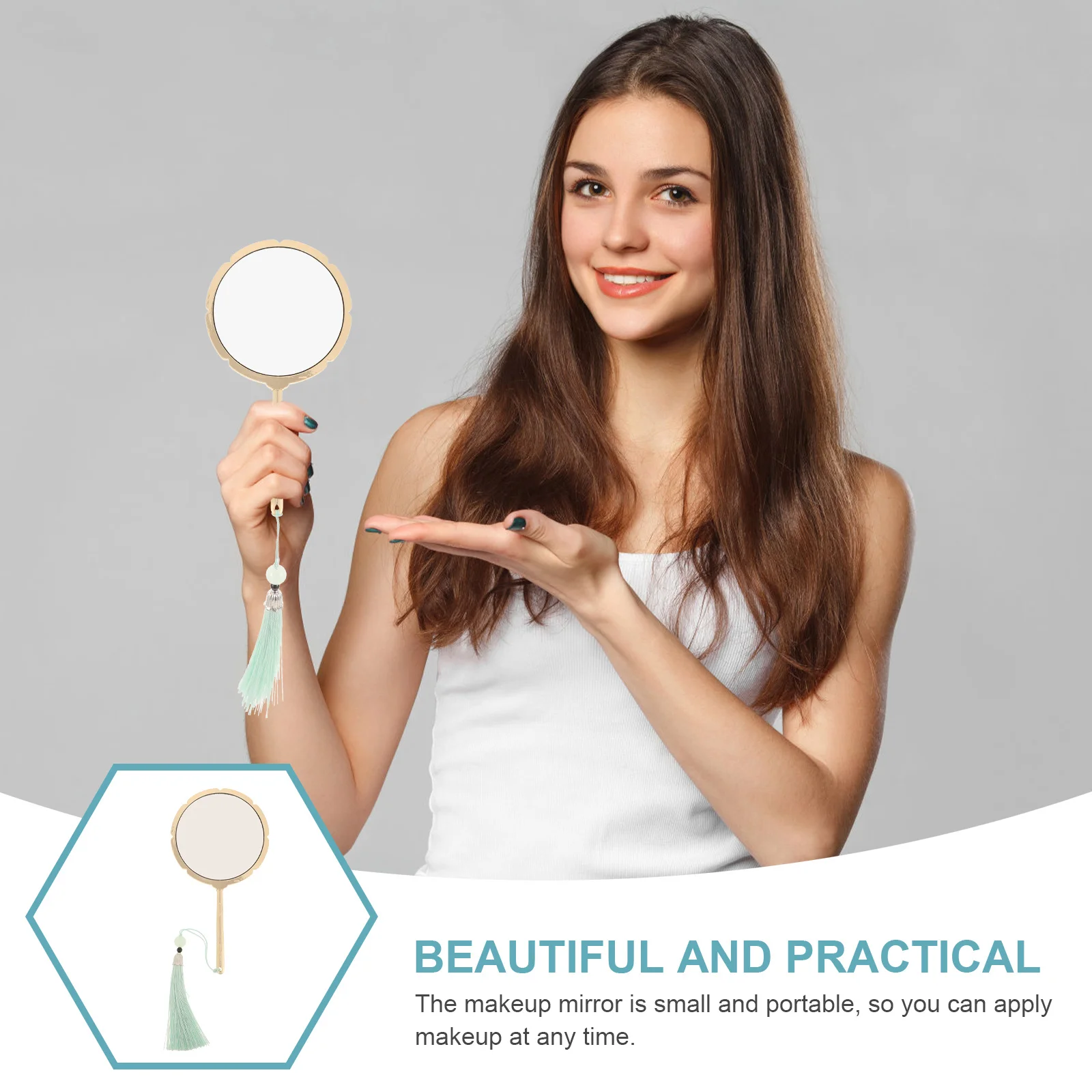 우아한 빈티지 손거울 금색 마감 정교한 태슬 패턴 휴대용 소형 거울 메이크업 수정 및 패셔너블 용