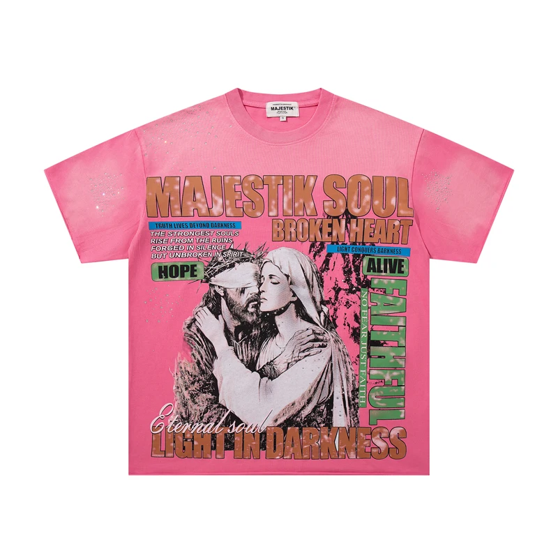 New Style Majestik T-shirt Crew Neck Religious Patterns Rhinestone Short Sleeve Vintage Washed MAJESTIK T Shirt Top