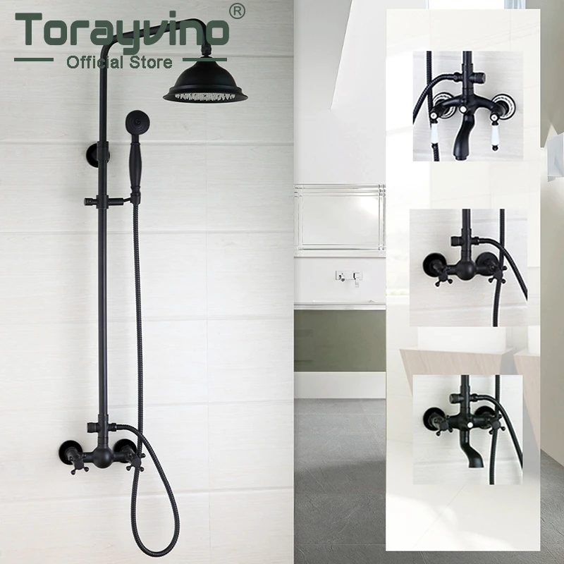 

Torayvino Black Bathroom Shower Faucet Wall Mounted 8" Rainfall Shower Mixer Water Tap 3 Functions Valve Facuets Combo Kit